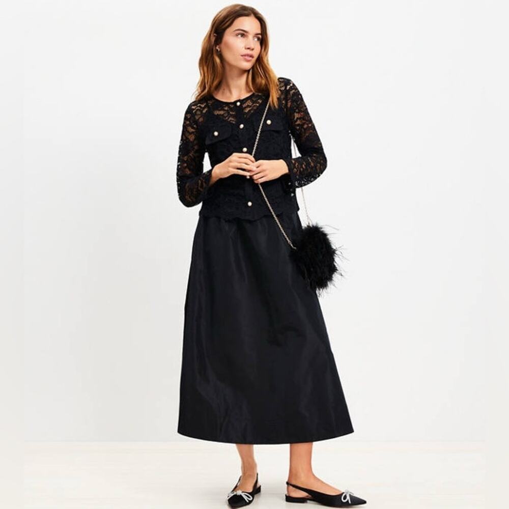NEW LOFT Taffeta Pull-On Midi Pocket Skirt in Black Witchy Whimsigoth - Size XL